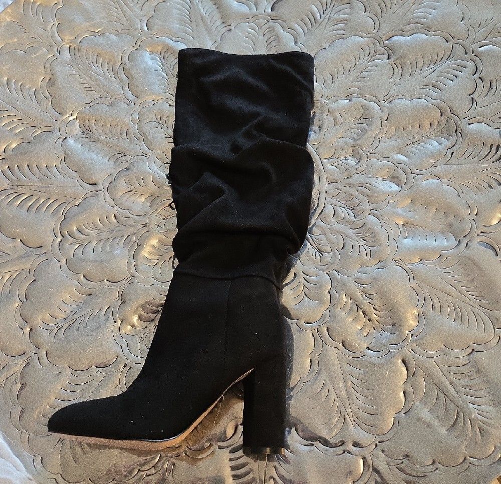 Nine West Black Suede-Look Slouch Block Heel Mid-Calf Boots - Picture 7 of 9